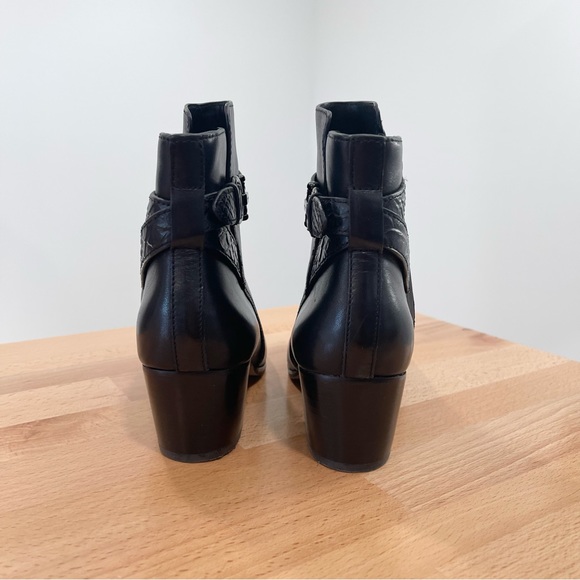 COACH Paulina Black Leather Ankle Boots Embossed Snake Belt Booties 7.5 - Picture 2 of 9
